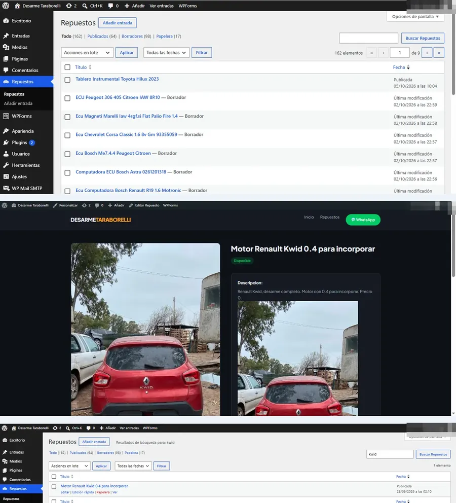 Tres capturas apiladas: el listado de repuestos en WordPress con 162 en total, 64 publicados y 98 en borrador; la ficha publicada del Motor Renault Kwid 0.4 en la web; y la búsqueda de «kwid» que devuelve esa publicación del 28 de septiembre de 2026.