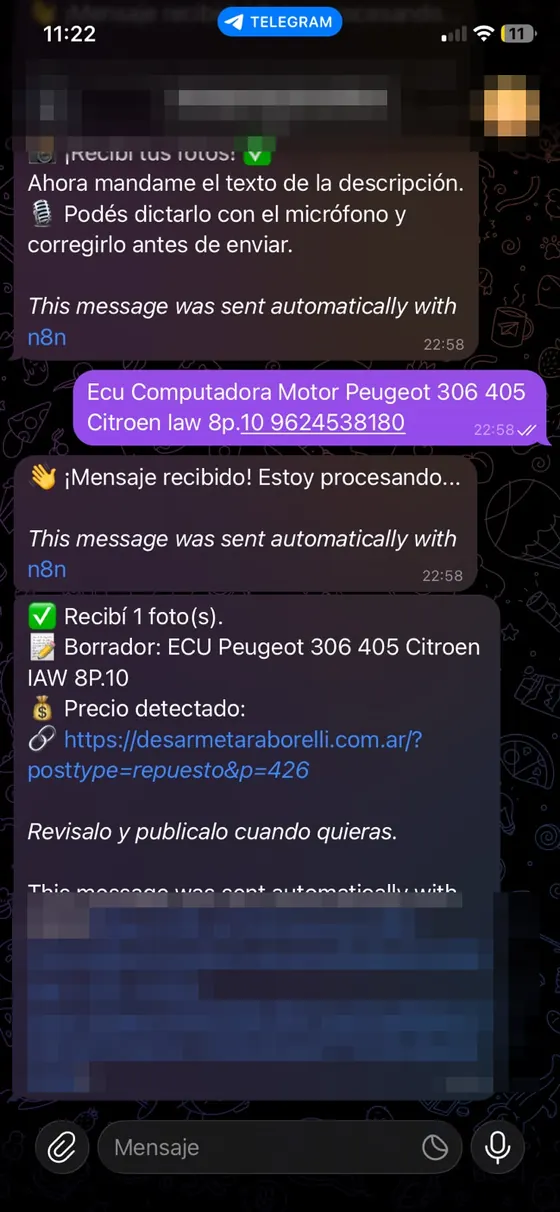 Conversación de Telegram: el mensaje «Ecu Computadora Motor Peugeot 306 405 Citroen law 8p.10» y la respuesta del bot confirmando el borrador creado, el precio detectado y el enlace para revisarlo. La cabecera del chat y el enlace final están pixelados.
