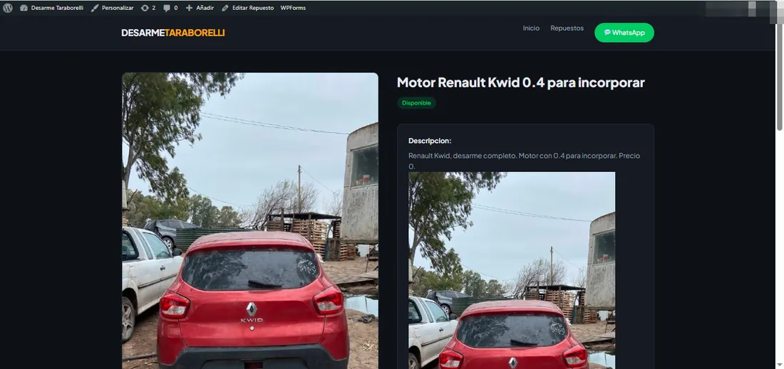 Ficha publicada del Motor Renault Kwid 0.4 para incorporar en la web del desarmadero, con el estado de disponibilidad y la descripción. El nombre del usuario en la barra superior está pixelado.